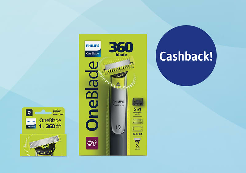 Confezione verde lime del rasoio elettrico Philips OneBlade 360 con immagine del dispositivo e testina rotante, scritte OneBlade, 360 blade, 5 in 1, Body kit, e icona Philips a sinistra; cerchio blu con testo Cashback