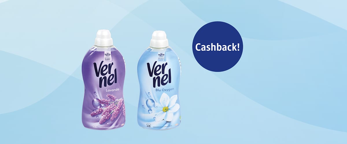 Due bottiglie di ammorbidente Vernel affiancate su sfondo azzurro: a sinistra confezione viola con scritta «Vernel Lavanda» e immagini di fiori di lavanda, a destra confezione azzurra con scritta «Vernel Blu Oxygen» e fiore bianco; cerchio blu con la scritta «Cashback!»
