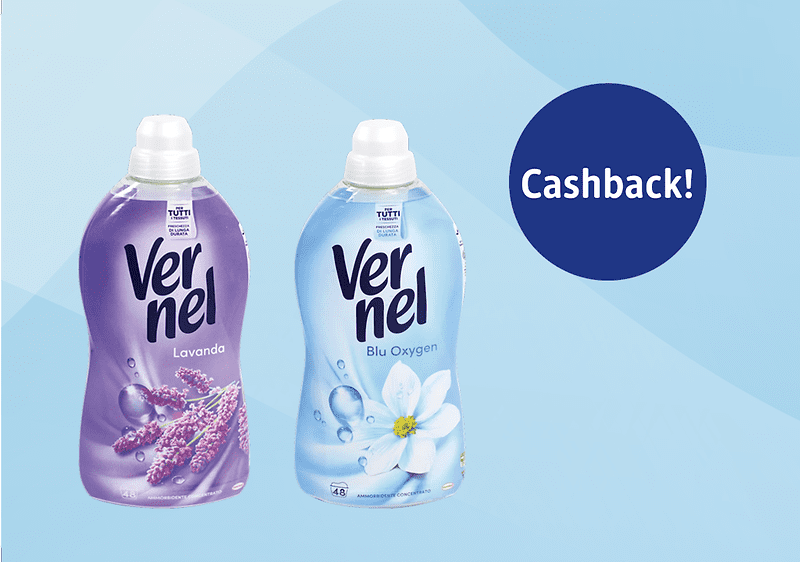 Due bottiglie di ammorbidente Vernel affiancate su sfondo azzurro: a sinistra confezione viola etichettata «Vernel Lavanda» con immagini di fiori di lavanda, a destra confezione azzurra etichettata «Vernel Blu Oxygen» con fiore bianco; cerchio blu con la scritta «Cashback!»