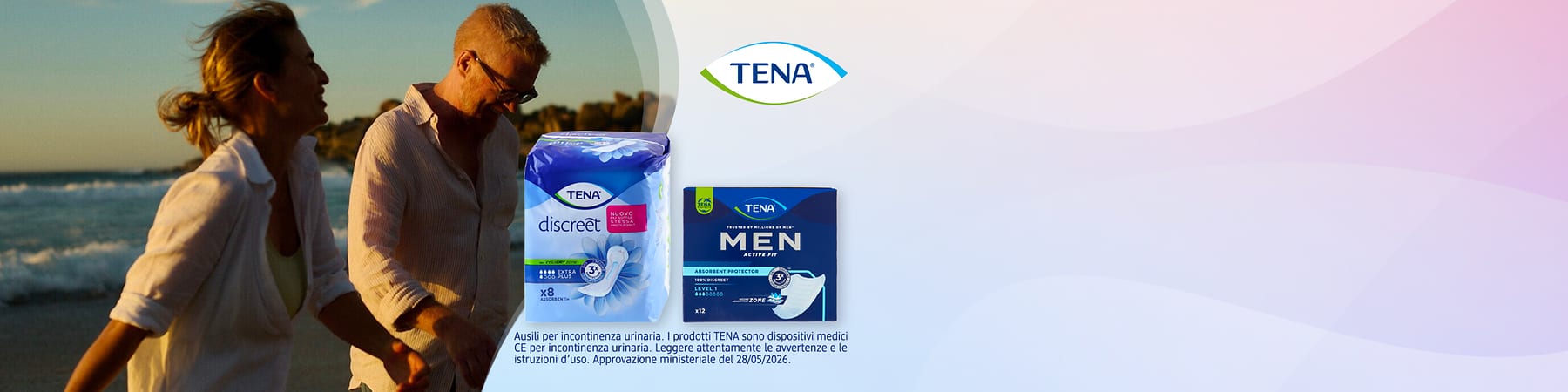 Due pacchi di prodotti TENA per incontinenza, sullo sfondo coppia sorridente al tramonto e logo TENA in alto a destra.