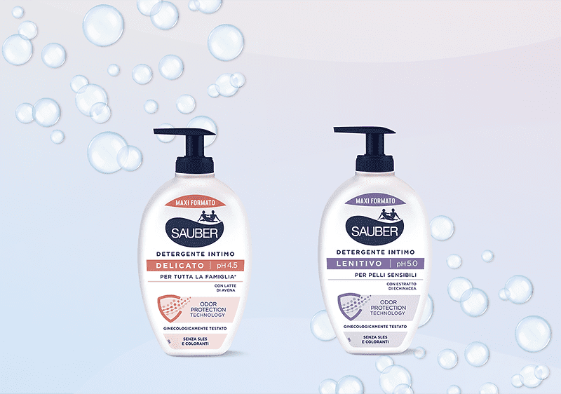 Detergenti intimi Sauber con bolle sullo sfondo.