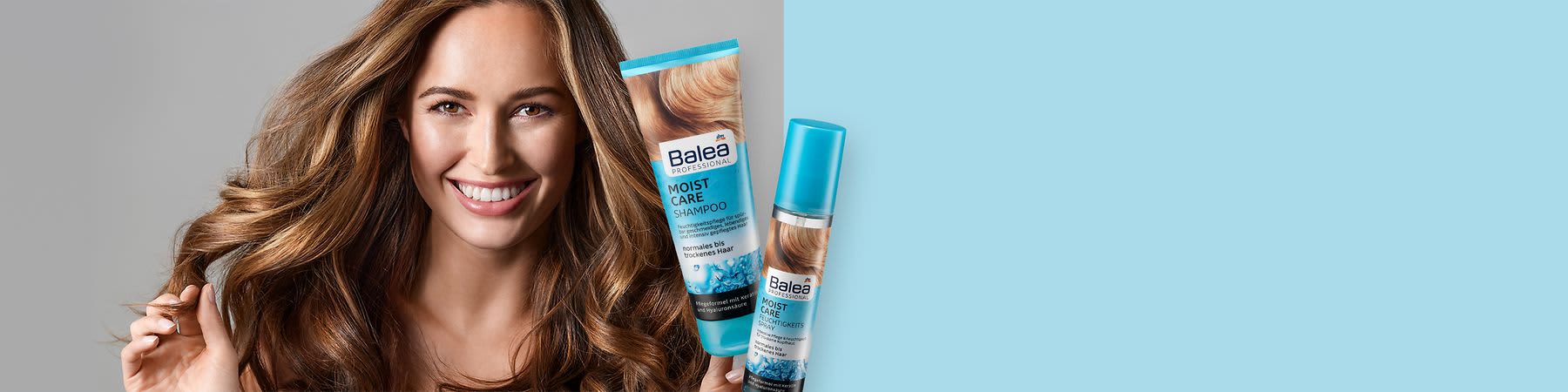 Kobieta z brązowymi włosami i produktami Balea Professional