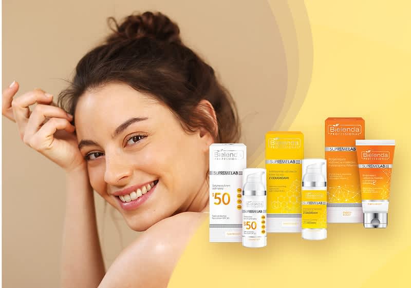 Produkty Bielenda Professional, krem SPF, krem Ceramidowy i z witaminą C na jasnożółtym tle