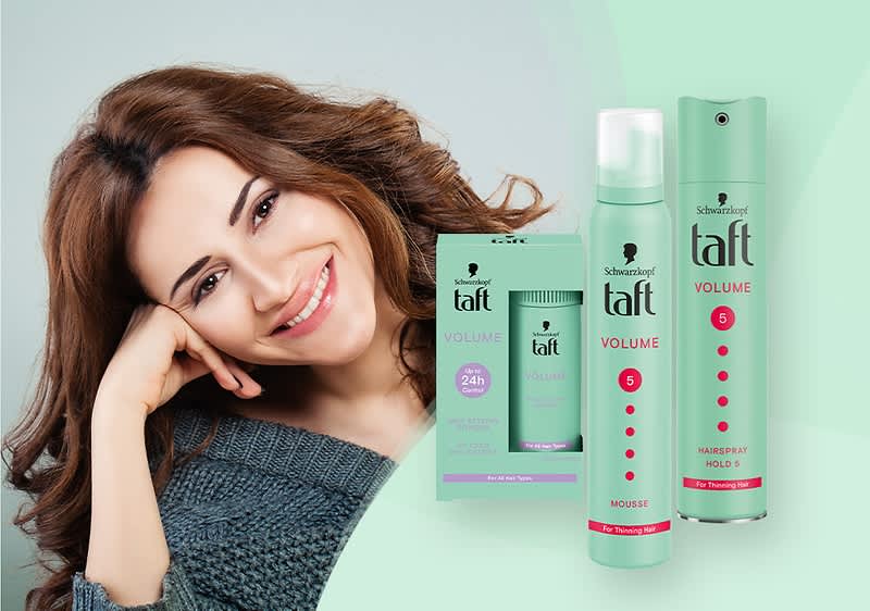 Kosmetyki do włosów TAFT: Puder do stylizacji, lakier do włosów oraz pianka do włosów z serii Volume