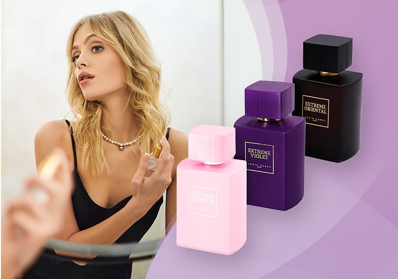 Kobieta z perfumami Louis Varel - trzy flakoniki zapachów marki Louis Varel