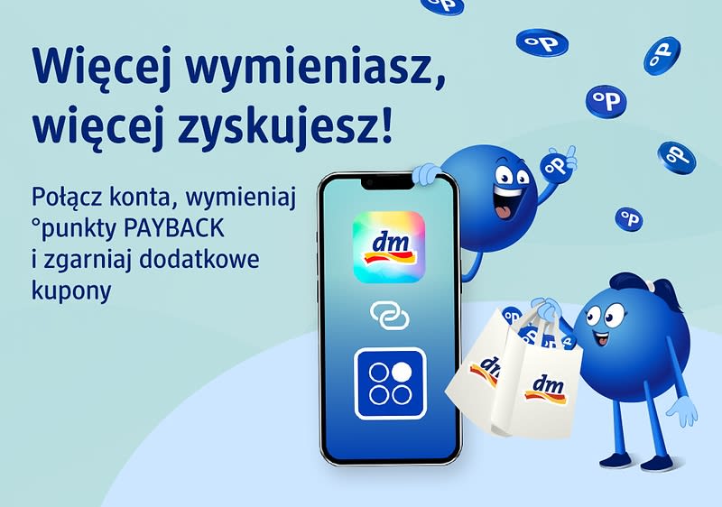 Plakat PAYBACK z napisem 'Więcej wymieniasz, więcej zyskujesz' z grafiką smartfona i postacią niebieskiej kropki trzymającej torbę z logo dm