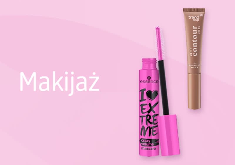 Różowe opakowanie tuszu do rzęs essence obok brązowej tubki konturówki trend it up na różowym tle z napisem 'Makijaż'