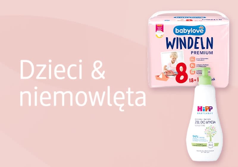 Opakowanie pieluch Babylove Windeln Premium oraz butelka żelu do mycia HiPP na jasnoróżowym tle z napisem 'Dzieci & niemowlęta'