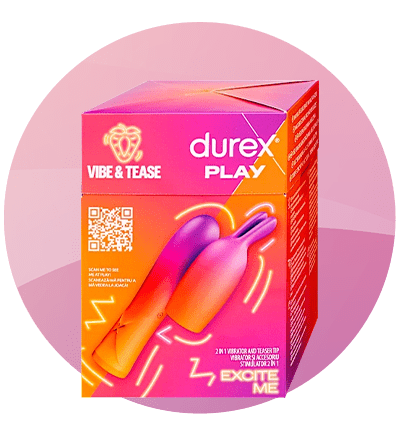 Cutie de produs Durex cu design colorat și text