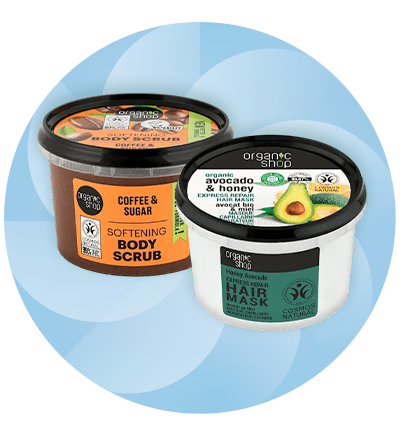 Două recipiente de produse cosmetice Organic Shop pentru corp și păr