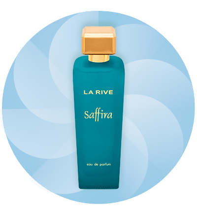 Parfum Saffira La Rive cu sticlă albastră și capac auriu pe fundal albastru