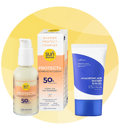 Seruri și gel cu protecție solară SPF 50+ pe fundal galben