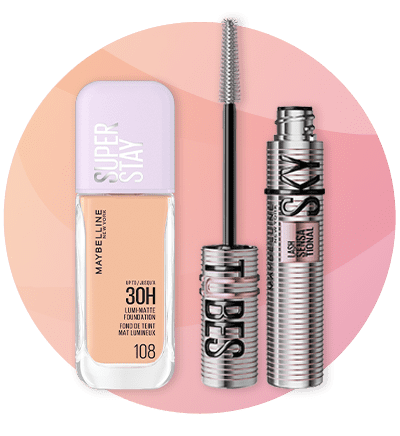 Machiaj cu fond de ten Maybelline Super Stay 30H și rimel volum Mascara pe fundal roz
