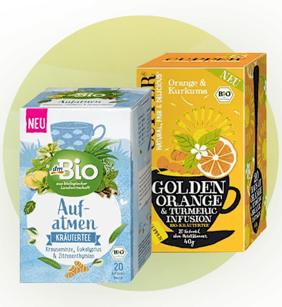 Ceaiuri bio Aufatmen și Golden Orange & Turmeric în ambalaje colorate