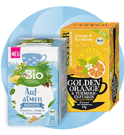 Ceaiuri bio Aufatmen și Golden Orange & Turmeric în ambalaje colorate