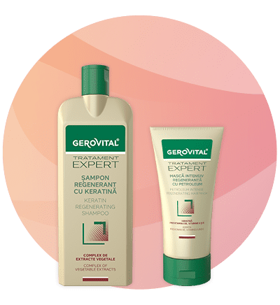 Șampon regenerant cu keratină și mască intensivă Gerovital pe fundal roz crem
