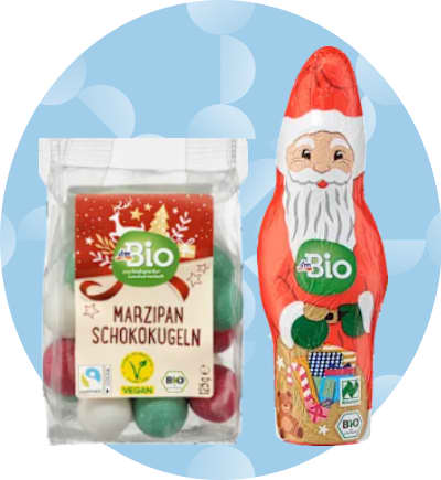 Moș Crăciun de ciocolată și bomboane de marțipan bio