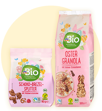 Pachete de granola și schoko-brezel-splitter dmBio cu design floral roz