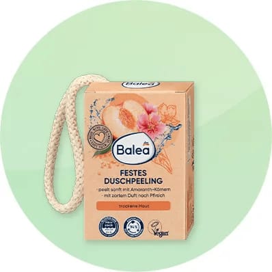 Cutie de gel de duș solid Balea cu piersică și amarant.