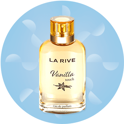Parfum La Rive Vanilla Touch într-o sticlă transparentă pe fundal albastru