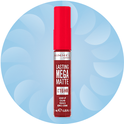 Ruj Rimmel London Lasting Mega Matte roșu pe fundal albastru