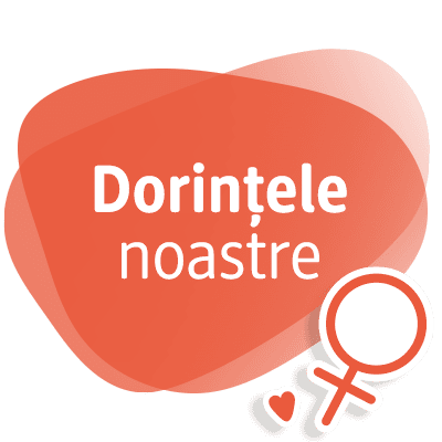 Text pe fundal portocaliu cu cuvintele Dorințele noastre și simbolul unei lupă albă
