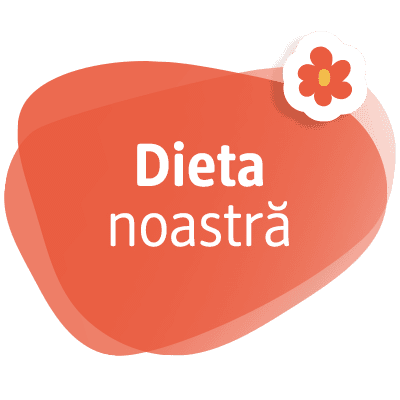 Dieta noastră text alb pe fundal roșu cu floare decorativă în colț