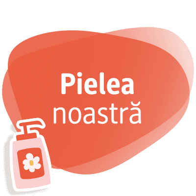 Fundal roșu cu text Pielea noastră și o sticlă de loțiune