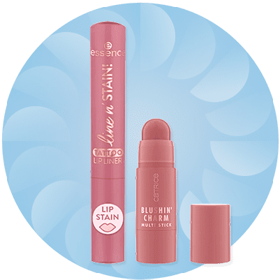 Două produse cosmetice, un creion de buze și un stick multi-funcțional