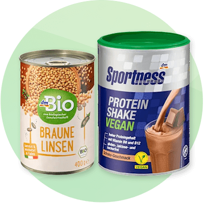 Conservă de linte și shake proteic vegan.