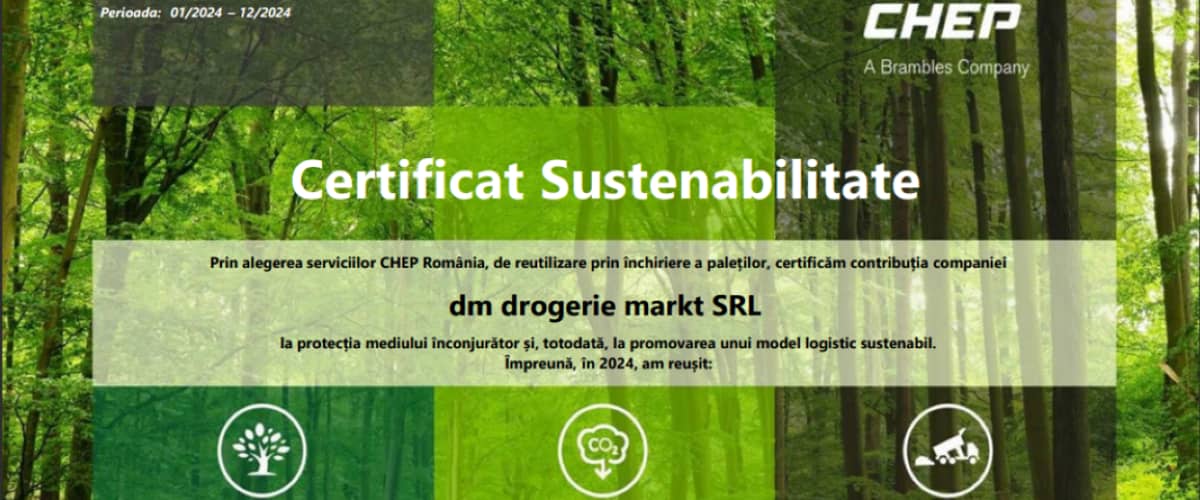 Certificat Sustenabilitate pentru dm drogerie markt SRL cu imagini de natură și simboluri ecologice