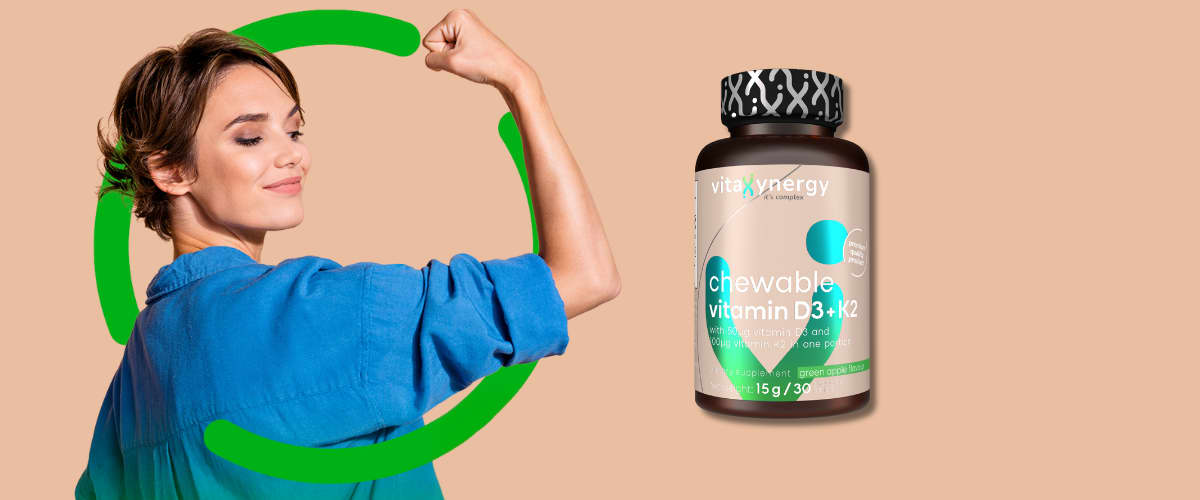 Sticlă de vitamine masticabile D3+K2 și braț flexat
