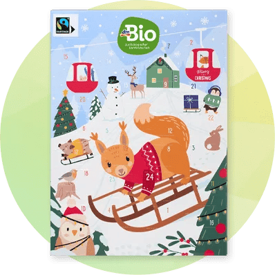 Calendar de Advent cu veveriță pe sanie și decorațiuni de Crăciun