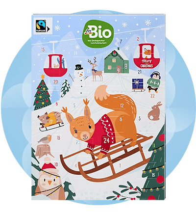 Calendar de Advent cu veveriță pe sanie și decorațiuni de Crăciun