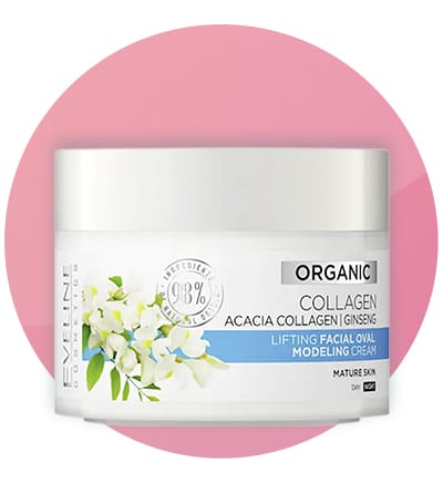 Cremă de față cu colagen și ginseng pentru piele matură pe fundal roz