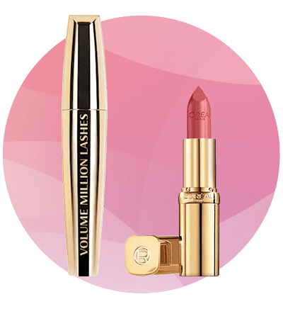 Ruj roz nude și mascara Volume Million Lashes pe fundal roz