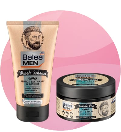 Produse Balea Men pentru îngrijirea bărbii și feței pe fundal roz