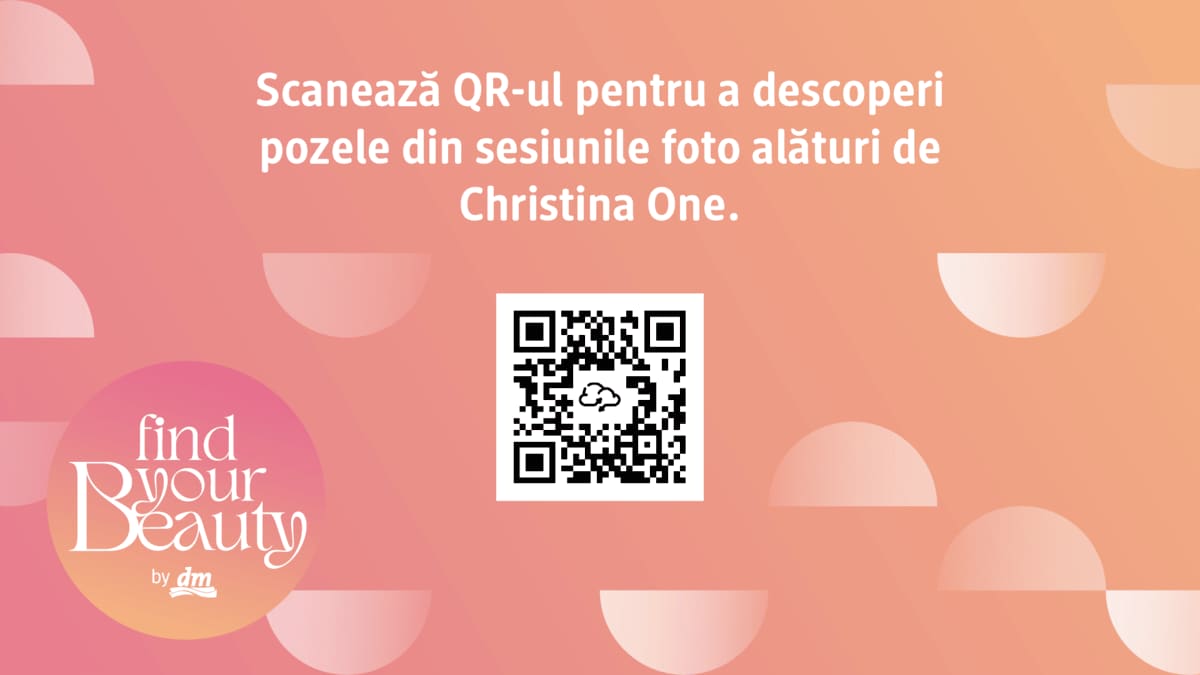 QR pentru poze sesiuni foto Christina One pe fundal roz cu logo find your beauty