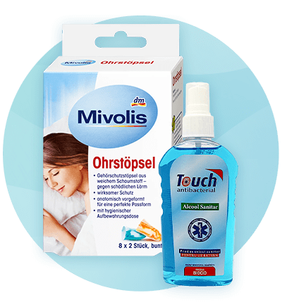 Cutie de dopuri de urechi Mivolis și spray antibacterian Touch