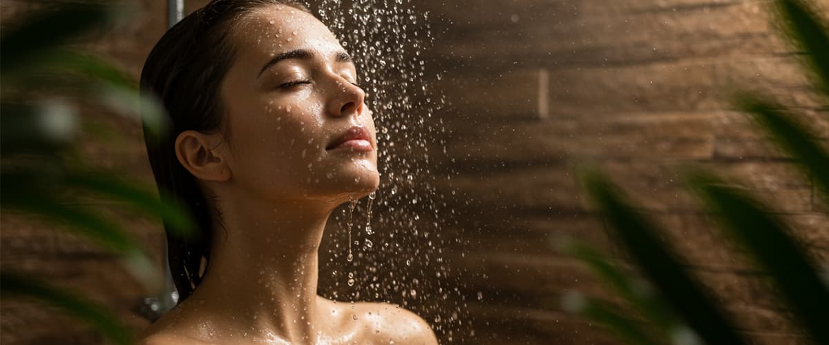 Cuvântul cheie principal: duș Persoană sub duș cu apă curgând și fundal de lemn