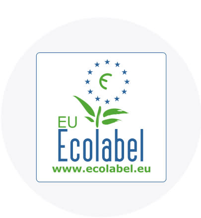 Sigla EU Ecolabel cu frunze verzi și stele albastre pe fundal alb