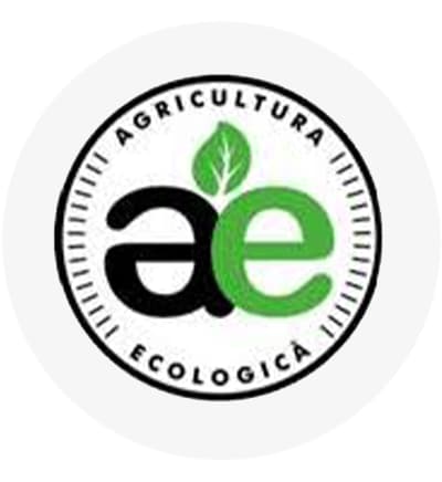 Sigla agricultura ecologică cu literele ae și frunză verde