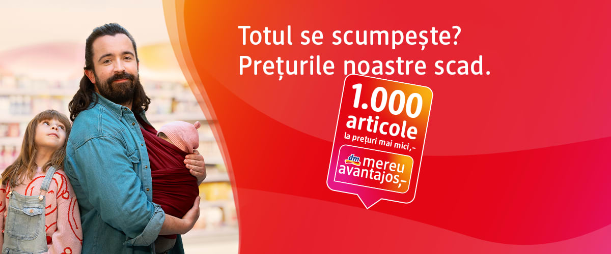 Banner promoțional cu text „Totul se scumpește? Prețurile noastre scad 1.000 articole la prețuri mai mici”