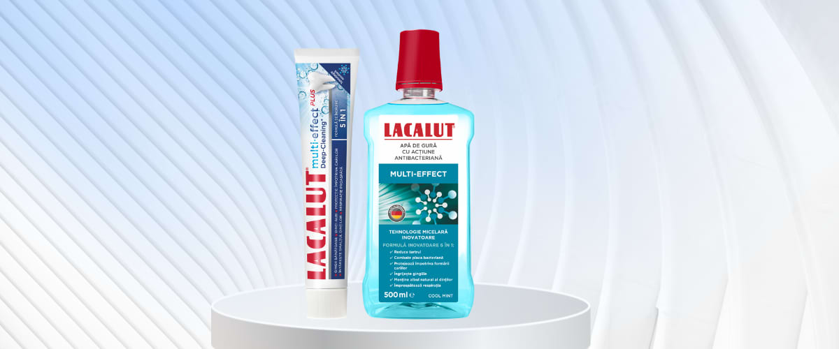 Produse Lacalut: pastă de dinți și apă de gură pe fundal alb și albastru