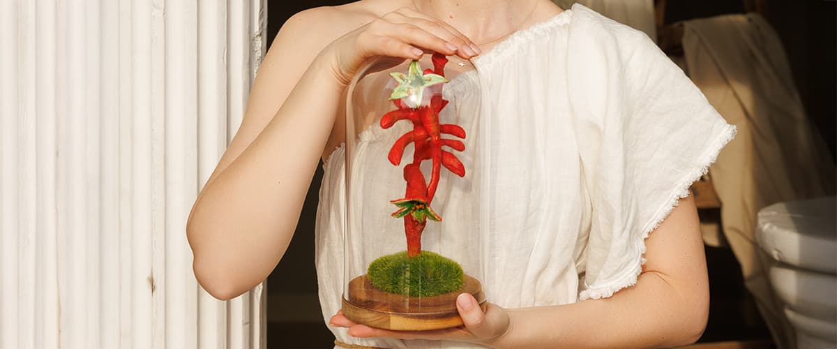 Persoană ținând o sculptură roșie sub un clopot de sticlă