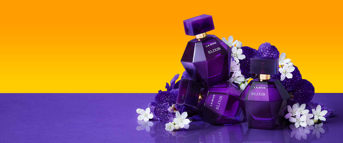 Parfum Elixir La Rive cu sticle mov și flori albe și violete pe fundal portocaliu