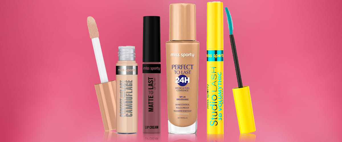 Produse cosmetice Miss Sporty pe fundal roz