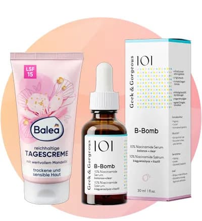 Cremă de zi Balea și ser B-Bomb Geek & Gorgeous pe fundal roz