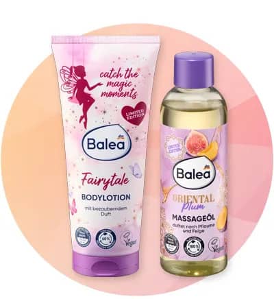 Cremă de corp și ulei de masaj Balea în ambalaje roz și violet