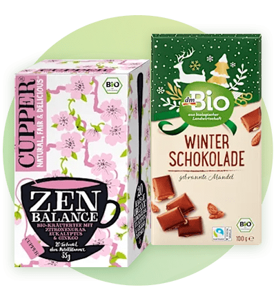Produse bio ceai Cupper Zen Balance și ciocolată dmBio Winter Schokolade